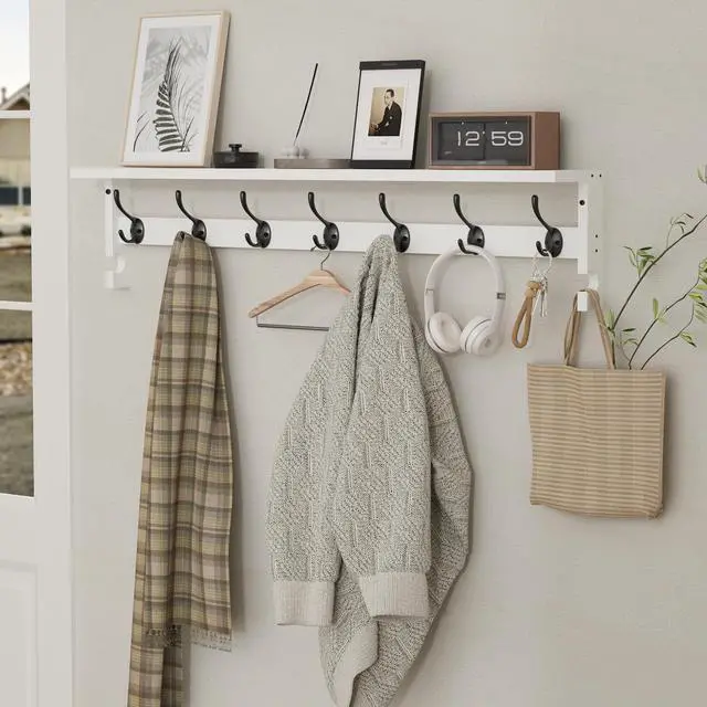 Alt view image 2 of 7 - AMBIRD Coat Rack Wall Mount, 35 Inch Large Coat Hooks Wall Mounted with 7 Dual Metal Hooks and 2 Side Hooks, Wall Hooks with Shelf in Entryway, Kitchen, Living Room, Bathroom, Bedroom (White)