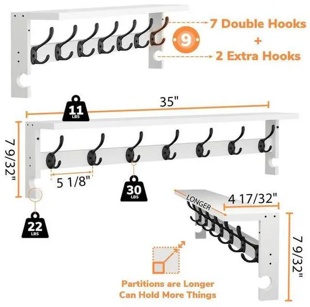 Alt view image 3 of 7 - AMBIRD Coat Rack Wall Mount, 35 Inch Large Coat Hooks Wall Mounted with 7 Dual Metal Hooks and 2 Side Hooks, Wall Hooks with Shelf in Entryway, Kitchen, Living Room, Bathroom, Bedroom (White)