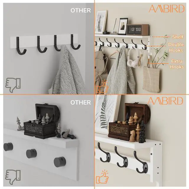 Alt view image 4 of 7 - AMBIRD Coat Rack Wall Mount, 35 Inch Large Coat Hooks Wall Mounted with 7 Dual Metal Hooks and 2 Side Hooks, Wall Hooks with Shelf in Entryway, Kitchen, Living Room, Bathroom, Bedroom (White)