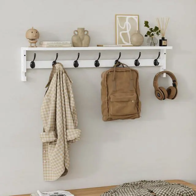 Alt view image 5 of 7 - AMBIRD Coat Rack Wall Mount, 35 Inch Large Coat Hooks Wall Mounted with 7 Dual Metal Hooks and 2 Side Hooks, Wall Hooks with Shelf in Entryway, Kitchen, Living Room, Bathroom, Bedroom (White)