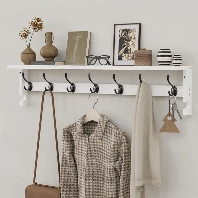 Alt view image 7 of 7 - AMBIRD Coat Rack Wall Mount, 35 Inch Large Coat Hooks Wall Mounted with 7 Dual Metal Hooks and 2 Side Hooks, Wall Hooks with Shelf in Entryway, Kitchen, Living Room, Bathroom, Bedroom (White)
