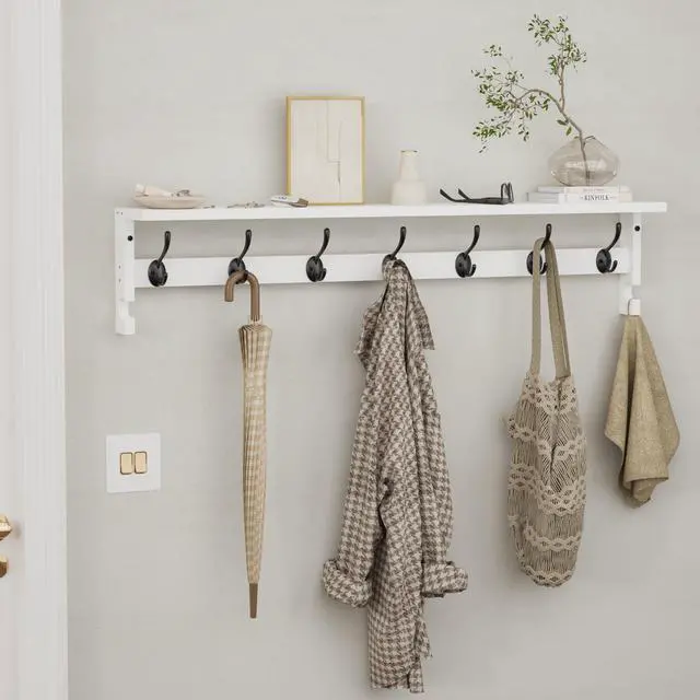Alt view image 6 of 7 - AMBIRD Coat Rack Wall Mount, 35 Inch Large Coat Hooks Wall Mounted with 7 Dual Metal Hooks and 2 Side Hooks, Wall Hooks with Shelf in Entryway, Kitchen, Living Room, Bathroom, Bedroom (White)