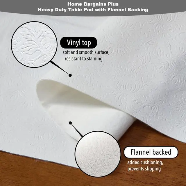 Alt view image 3 of 7 - Home Bargains Plus Quilted Heavy Duty Table Pad Protector with Flannel Backing, Cut to Fit, Heat Resistant, Wipe Clean, Protects Table from Spills and Scratches, White, 52 x 216 Rectangle