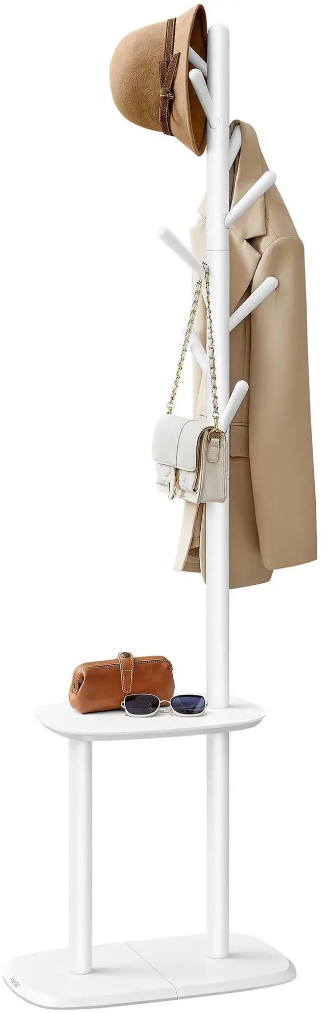 Main image of VASAGLE Coat Rack, Free Standing Coat Stand, Hall Coat Tree with 8 Hooks and Storage Shelf, 67.2 Inch Tall, for Coats, Hats, Bags, for Entryway, Hallway, Bedroom, Cloud White URCR040W01