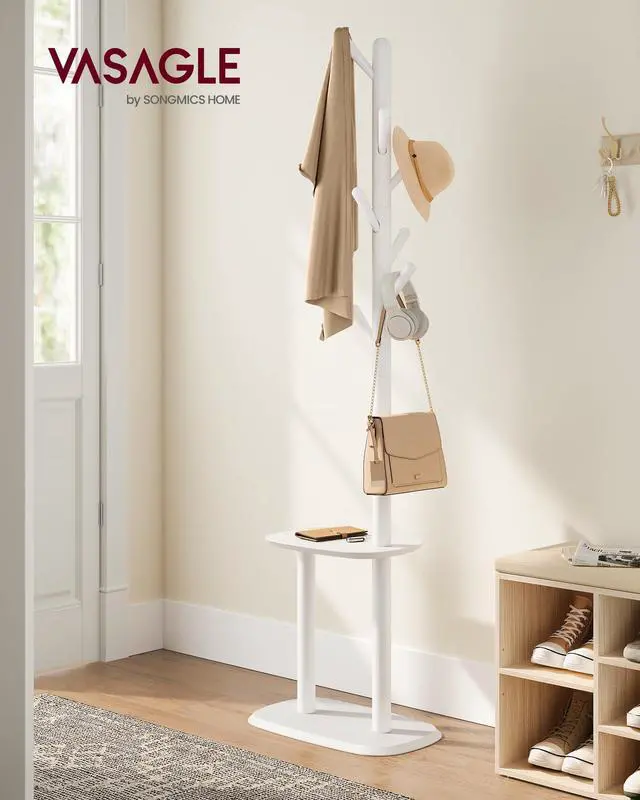 Alt view image 2 of 6 - VASAGLE Coat Rack, Free Standing Coat Stand, Hall Coat Tree with 8 Hooks and Storage Shelf, 67.2 Inch Tall, for Coats, Hats, Bags, for Entryway, Hallway, Bedroom, Cloud White URCR040W01