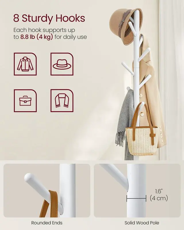 Alt view image 4 of 6 - VASAGLE Coat Rack, Free Standing Coat Stand, Hall Coat Tree with 8 Hooks and Storage Shelf, 67.2 Inch Tall, for Coats, Hats, Bags, for Entryway, Hallway, Bedroom, Cloud White URCR040W01
