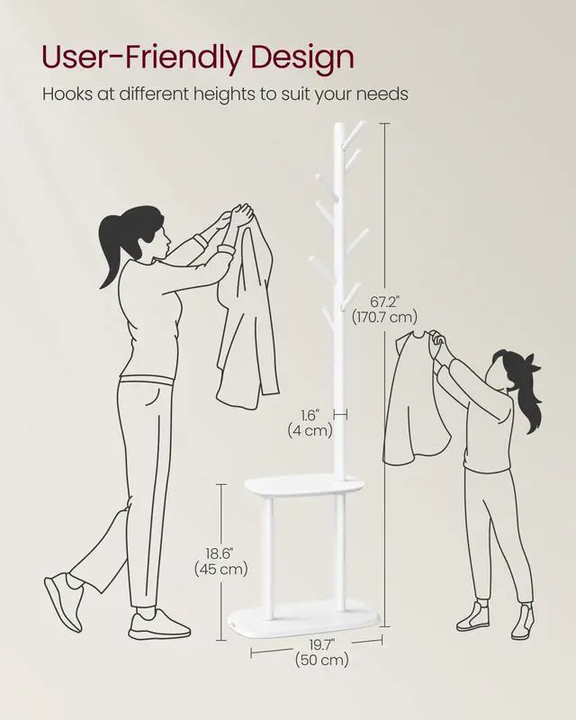 Alt view image 6 of 6 - VASAGLE Coat Rack, Free Standing Coat Stand, Hall Coat Tree with 8 Hooks and Storage Shelf, 67.2 Inch Tall, for Coats, Hats, Bags, for Entryway, Hallway, Bedroom, Cloud White URCR040W01