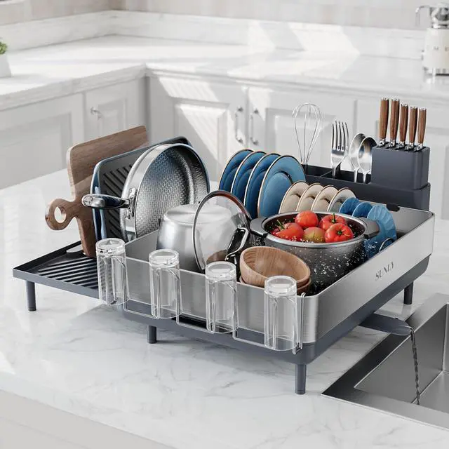 Main image of SUNLY Large Dish Drying Rack, Expandable Dish Racks for Kitchen Counter, Space Saving 304 Stainless Steel Drying Rack Kitchen, Extra Large Drainer with Multifunctional Flip Up Pegs, Gray
