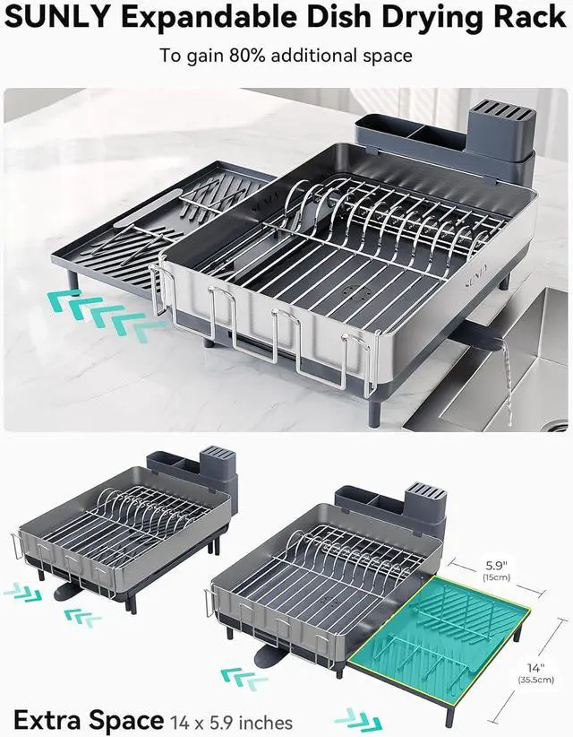 Alt view image 2 of 7 - SUNLY Large Dish Drying Rack, Expandable Dish Racks for Kitchen Counter, Space Saving 304 Stainless Steel Drying Rack Kitchen, Extra Large Drainer with Multifunctional Flip Up Pegs, Gray