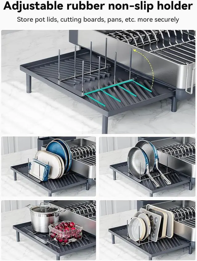 Alt view image 3 of 7 - SUNLY Large Dish Drying Rack, Expandable Dish Racks for Kitchen Counter, Space Saving 304 Stainless Steel Drying Rack Kitchen, Extra Large Drainer with Multifunctional Flip Up Pegs, Gray