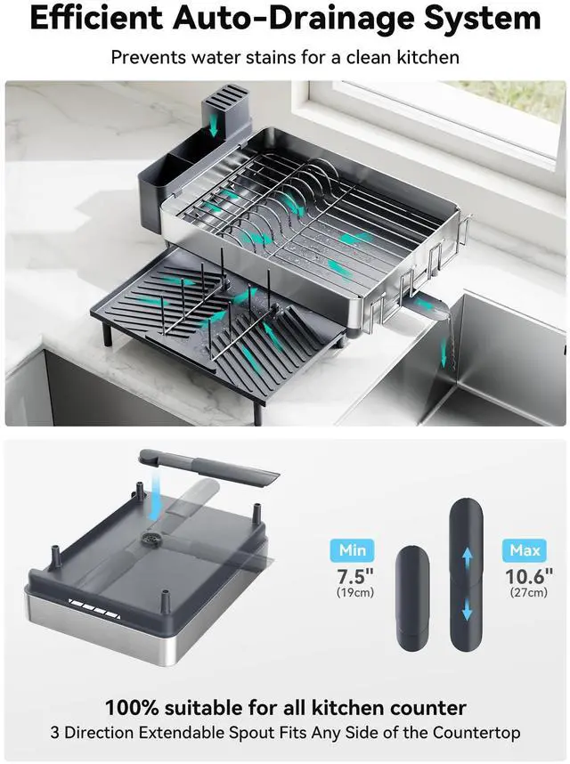 Alt view image 5 of 7 - SUNLY Large Dish Drying Rack, Expandable Dish Racks for Kitchen Counter, Space Saving 304 Stainless Steel Drying Rack Kitchen, Extra Large Drainer with Multifunctional Flip Up Pegs, Gray