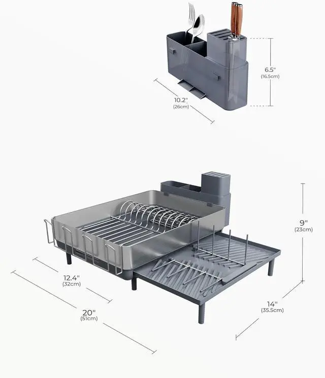Alt view image 6 of 7 - SUNLY Large Dish Drying Rack, Expandable Dish Racks for Kitchen Counter, Space Saving 304 Stainless Steel Drying Rack Kitchen, Extra Large Drainer with Multifunctional Flip Up Pegs, Gray