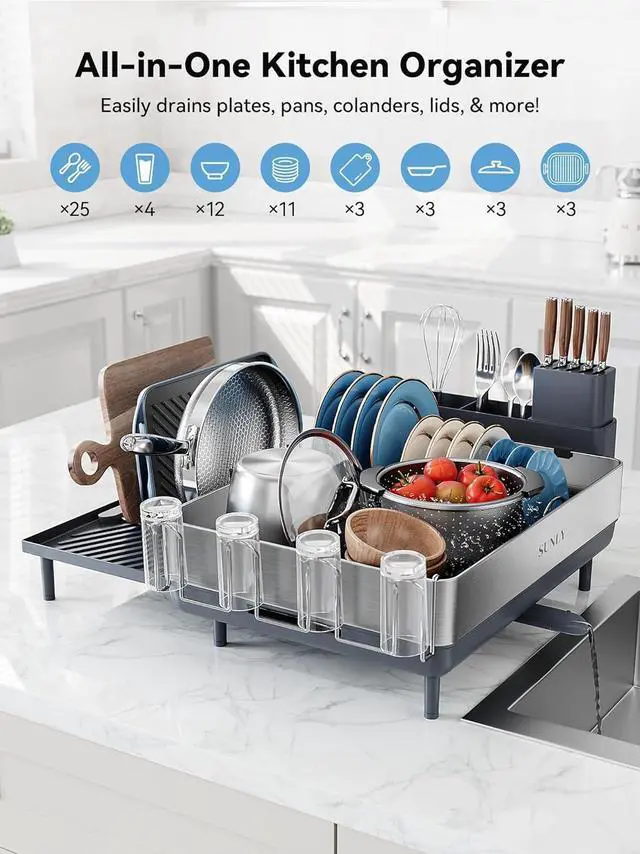 Alt view image 7 of 7 - SUNLY Large Dish Drying Rack, Expandable Dish Racks for Kitchen Counter, Space Saving 304 Stainless Steel Drying Rack Kitchen, Extra Large Drainer with Multifunctional Flip Up Pegs, Gray