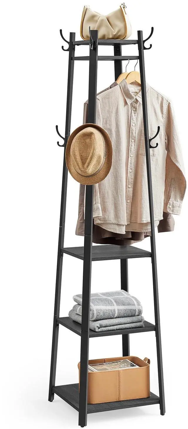 Main image of VASAGLE Coat Rack, Coat Stand with 3 Shelves, Hall Tree Free Standing with Hooks for Scarves, Bags, Umbrellas, Steel Frame, Industrial Style, for Entryway, Living Room, Charcoal Gray ULCR080B03