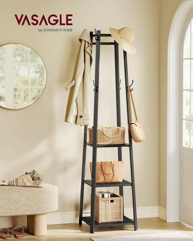 Alt view image 2 of 6 - VASAGLE Coat Rack, Coat Stand with 3 Shelves, Hall Tree Free Standing with Hooks for Scarves, Bags, Umbrellas, Steel Frame, Industrial Style, for Entryway, Living Room, Charcoal Gray ULCR080B03