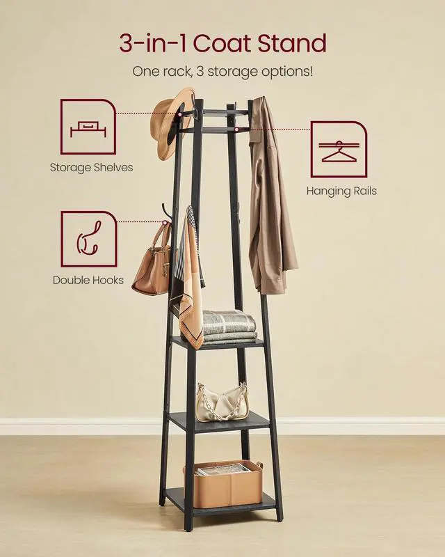 Alt view image 3 of 6 - VASAGLE Coat Rack, Coat Stand with 3 Shelves, Hall Tree Free Standing with Hooks for Scarves, Bags, Umbrellas, Steel Frame, Industrial Style, for Entryway, Living Room, Charcoal Gray ULCR080B03