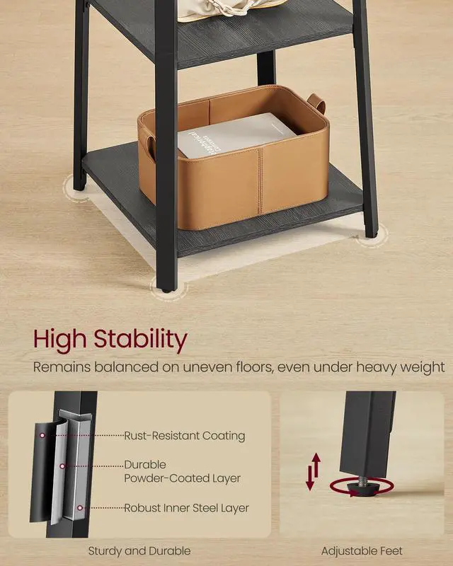 Alt view image 4 of 6 - VASAGLE Coat Rack, Coat Stand with 3 Shelves, Hall Tree Free Standing with Hooks for Scarves, Bags, Umbrellas, Steel Frame, Industrial Style, for Entryway, Living Room, Charcoal Gray ULCR080B03