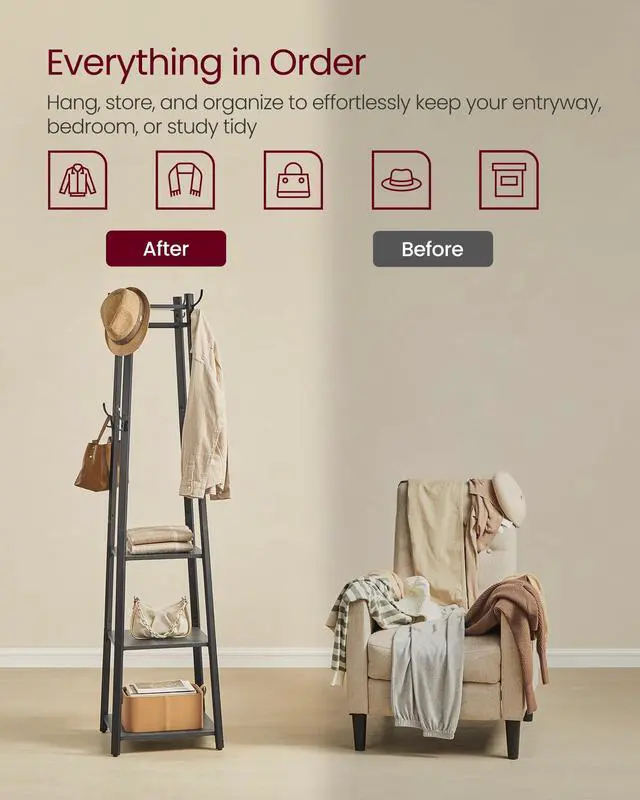 Alt view image 5 of 6 - VASAGLE Coat Rack, Coat Stand with 3 Shelves, Hall Tree Free Standing with Hooks for Scarves, Bags, Umbrellas, Steel Frame, Industrial Style, for Entryway, Living Room, Charcoal Gray ULCR080B03