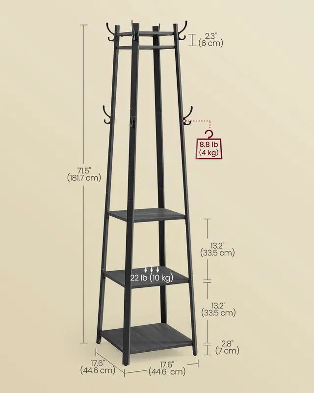 Alt view image 6 of 6 - VASAGLE Coat Rack, Coat Stand with 3 Shelves, Hall Tree Free Standing with Hooks for Scarves, Bags, Umbrellas, Steel Frame, Industrial Style, for Entryway, Living Room, Charcoal Gray ULCR080B03