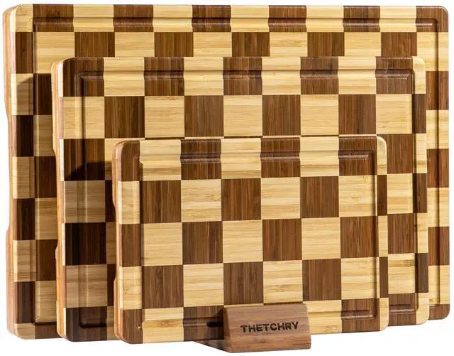 Main image of THETCHRY Bamboo Cutting Board Set, Checkered Wood Cutting Boards for Kitchen with Juice Groove, Non Toxic Wooden Charcuterie Boards, Non Slip Chopping Board for Meat Fruit Cheese, Housewarming Gift