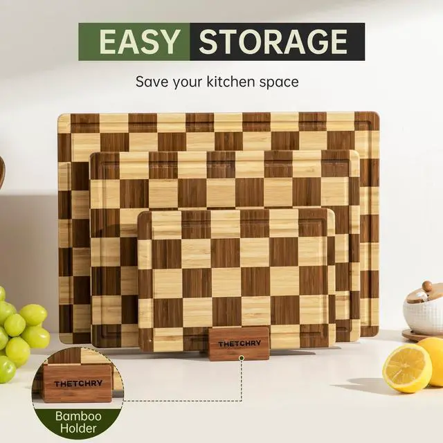 Alt view image 7 of 7 - THETCHRY Bamboo Cutting Board Set, Checkered Wood Cutting Boards for Kitchen with Juice Groove, Non Toxic Wooden Charcuterie Boards, Non Slip Chopping Board for Meat Fruit Cheese, Housewarming Gift
