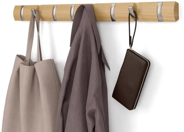 Main image of Umbra Flip Wall-Mounted Coat Rack with 8 Hooks Modern, Space-Saving Storage for Hats, Jackets, Bags, Entryway, Mudroom, Closet, Bathroom, Bedroom Natural/Nickel