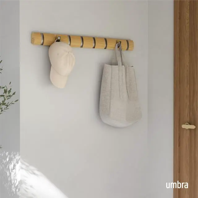 Alt view image 2 of 7 - Umbra Flip Wall-Mounted Coat Rack with 8 Hooks Modern, Space-Saving Storage for Hats, Jackets, Bags, Entryway, Mudroom, Closet, Bathroom, Bedroom Natural/Nickel
