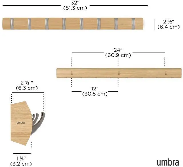 Alt view image 3 of 7 - Umbra Flip Wall-Mounted Coat Rack with 8 Hooks Modern, Space-Saving Storage for Hats, Jackets, Bags, Entryway, Mudroom, Closet, Bathroom, Bedroom Natural/Nickel