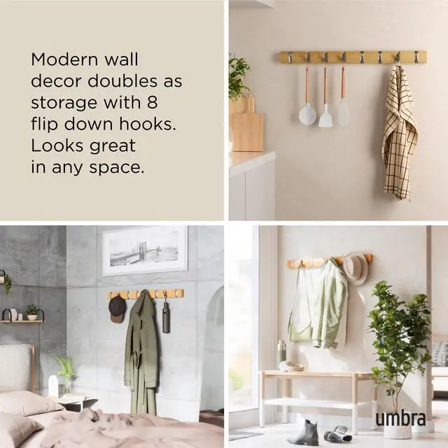 Alt view image 4 of 7 - Umbra Flip Wall-Mounted Coat Rack with 8 Hooks Modern, Space-Saving Storage for Hats, Jackets, Bags, Entryway, Mudroom, Closet, Bathroom, Bedroom Natural/Nickel