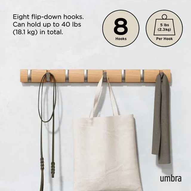 Alt view image 5 of 7 - Umbra Flip Wall-Mounted Coat Rack with 8 Hooks Modern, Space-Saving Storage for Hats, Jackets, Bags, Entryway, Mudroom, Closet, Bathroom, Bedroom Natural/Nickel