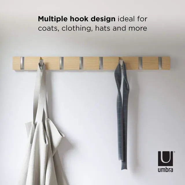 Alt view image 7 of 7 - Umbra Flip Wall-Mounted Coat Rack with 8 Hooks Modern, Space-Saving Storage for Hats, Jackets, Bags, Entryway, Mudroom, Closet, Bathroom, Bedroom Natural/Nickel
