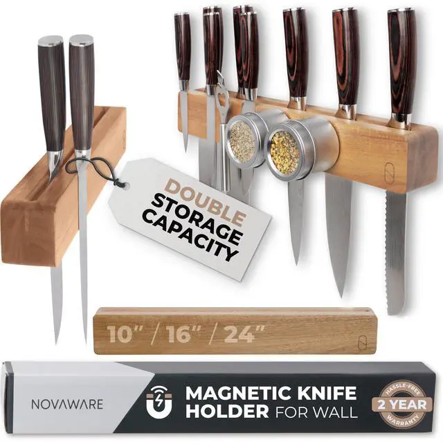 Main image of Premium 16 inch Magnetic Knife Holder for Wall with 2x Storage & Charming Wood - Knife Magnetic Strip, Under Cabinet Magnet Knives Storage - Magnet Strip Rack Kitchen Utensil Holder Organizer Tool