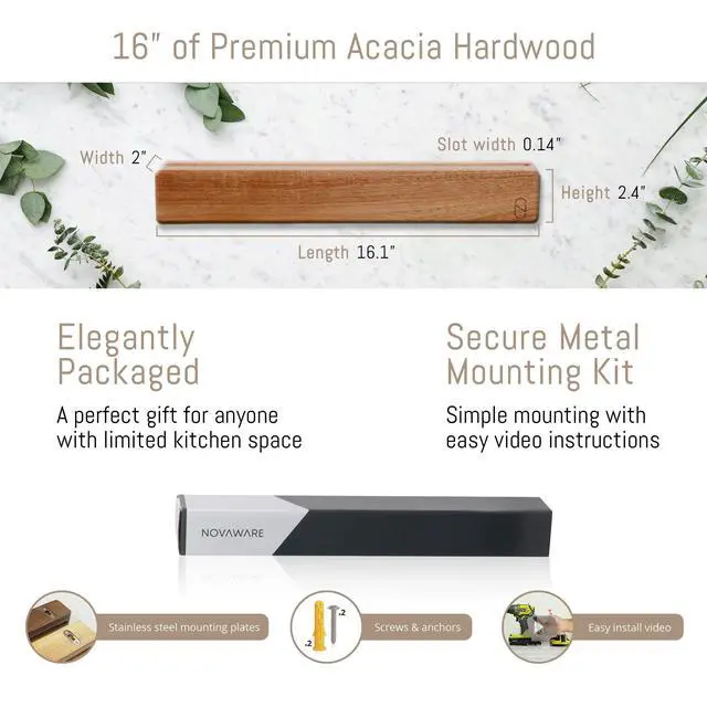 Alt view image 3 of 7 - Premium 16 inch Magnetic Knife Holder for Wall with 2x Storage & Charming Wood - Knife Magnetic Strip, Under Cabinet Magnet Knives Storage - Magnet Strip Rack Kitchen Utensil Holder Organizer Tool