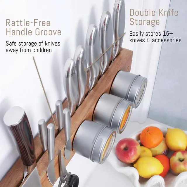 Alt view image 5 of 7 - Premium 16 inch Magnetic Knife Holder for Wall with 2x Storage & Charming Wood - Knife Magnetic Strip, Under Cabinet Magnet Knives Storage - Magnet Strip Rack Kitchen Utensil Holder Organizer Tool