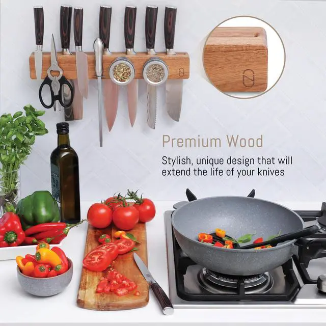Alt view image 6 of 7 - Premium 16 inch Magnetic Knife Holder for Wall with 2x Storage & Charming Wood - Knife Magnetic Strip, Under Cabinet Magnet Knives Storage - Magnet Strip Rack Kitchen Utensil Holder Organizer Tool