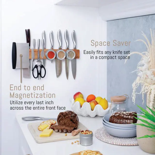 Alt view image 7 of 7 - Premium 16 inch Magnetic Knife Holder for Wall with 2x Storage & Charming Wood - Knife Magnetic Strip, Under Cabinet Magnet Knives Storage - Magnet Strip Rack Kitchen Utensil Holder Organizer Tool