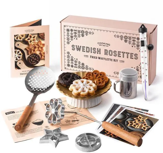 Main image of Swedish Rosette Iron Set with Handle Cooking Gifts Rosette Maker & Bunuelos Mold Valentine's Day Baking Essentials | Funnel Cake Maker & Waffle Iron Kit Rosettes Unique Baking Gift Set for Women