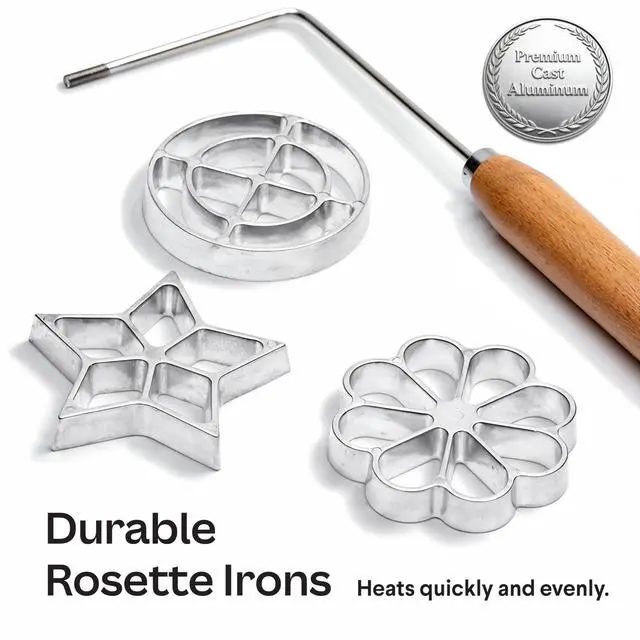Alt view image 5 of 7 - Swedish Rosette Iron Set with Handle Cooking Gifts Rosette Maker & Bunuelos Mold Valentine's Day Baking Essentials | Funnel Cake Maker & Waffle Iron Kit Rosettes Unique Baking Gift Set for Women