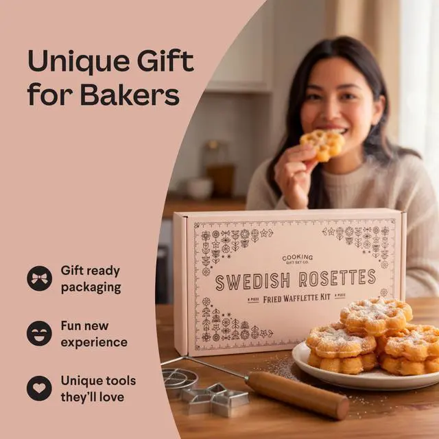 Alt view image 7 of 7 - Swedish Rosette Iron Set with Handle Cooking Gifts Rosette Maker & Bunuelos Mold Valentine's Day Baking Essentials | Funnel Cake Maker & Waffle Iron Kit Rosettes Unique Baking Gift Set for Women