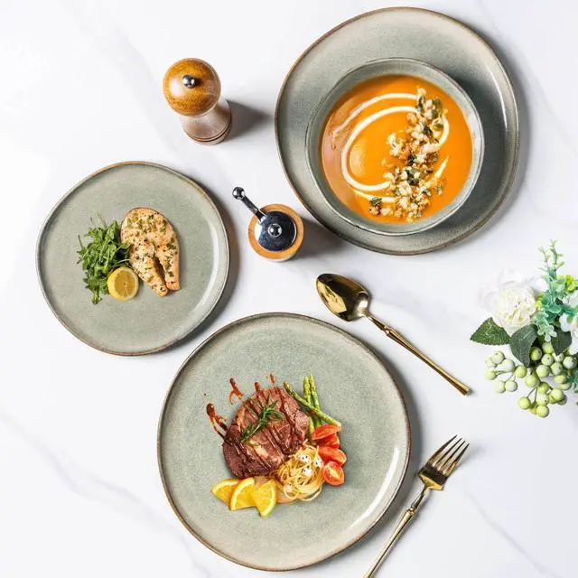 Alt view image 4 of 7 - AmorArc Ceramic Dinner Plates Set of 6,10.5 Inch Handmade Reactive Glaze Stoneware Plates,Rustic Shape Dinnerware Dish Set for Kitchen,Microwave & Dishwasher Safe,Scratch Resistant-Reactive Color