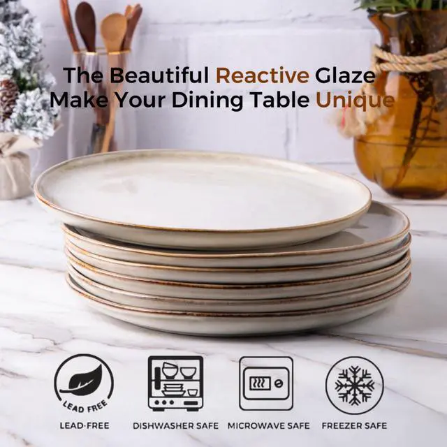 Alt view image 2 of 7 - AmorArc Ceramic Dinner Plates Set of 6, 10.5 Inch Handmade Reactive Glaze Stoneware Plates, Rustic Shape Dinnerware Dish Set for Kitchen, Microwave & Dishwasher Safe, Scratch Resistant-Cappuccino