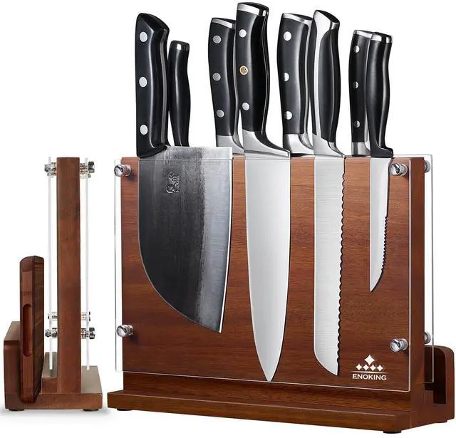 Main image of ENOKING Magnetic Knife Block with Acrylic Shield 12 x 9 Inches, Double Side Kitchen Knife Holder without Knives- Acacia Wood Universal Knife Storage Organizer with Powerful Magnet for Kitchen Counter
