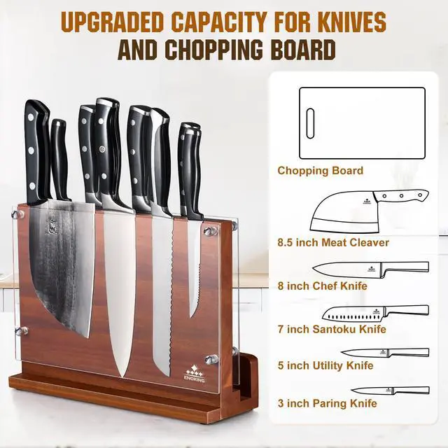 Alt view image 2 of 7 - ENOKING Magnetic Knife Block with Acrylic Shield 12 x 9 Inches, Double Side Kitchen Knife Holder without Knives- Acacia Wood Universal Knife Storage Organizer with Powerful Magnet for Kitchen Counter