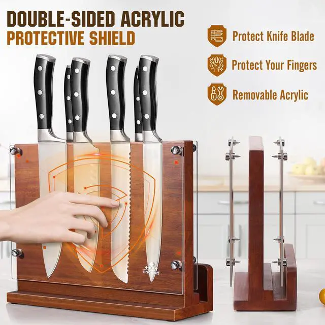 Alt view image 3 of 7 - ENOKING Magnetic Knife Block with Acrylic Shield 12 x 9 Inches, Double Side Kitchen Knife Holder without Knives- Acacia Wood Universal Knife Storage Organizer with Powerful Magnet for Kitchen Counter