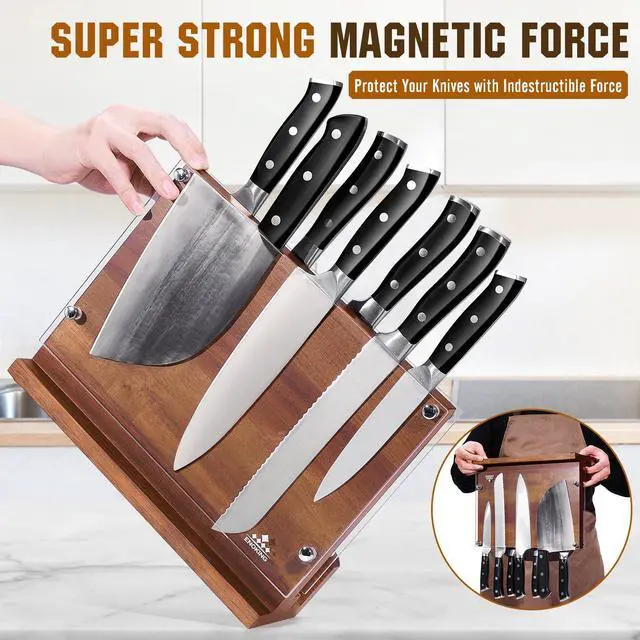 Alt view image 6 of 7 - ENOKING Magnetic Knife Block with Acrylic Shield 12 x 9 Inches, Double Side Kitchen Knife Holder without Knives- Acacia Wood Universal Knife Storage Organizer with Powerful Magnet for Kitchen Counter