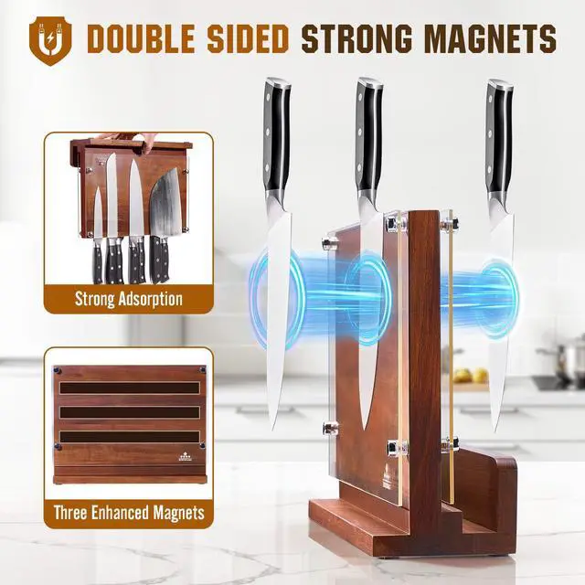 Alt view image 7 of 7 - ENOKING Magnetic Knife Block with Acrylic Shield 12 x 9 Inches, Double Side Kitchen Knife Holder without Knives- Acacia Wood Universal Knife Storage Organizer with Powerful Magnet for Kitchen Counter
