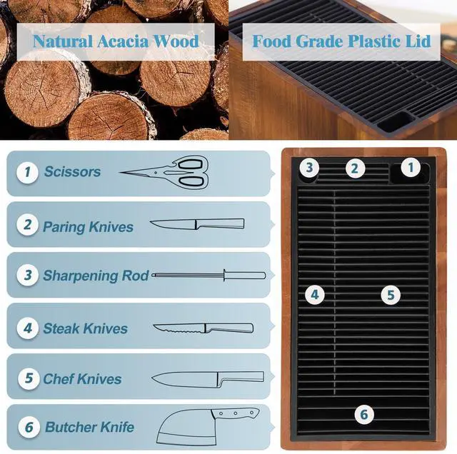 Alt view image 3 of 7 - ENOKING XXL Acacia Wood Knife Holder Large Universal Knife Block with Blade-Protecting Slots, Holds 26+ Knives, Scissors, and Sharpening Rods, Space-Saving Kitchen Storage Organizer