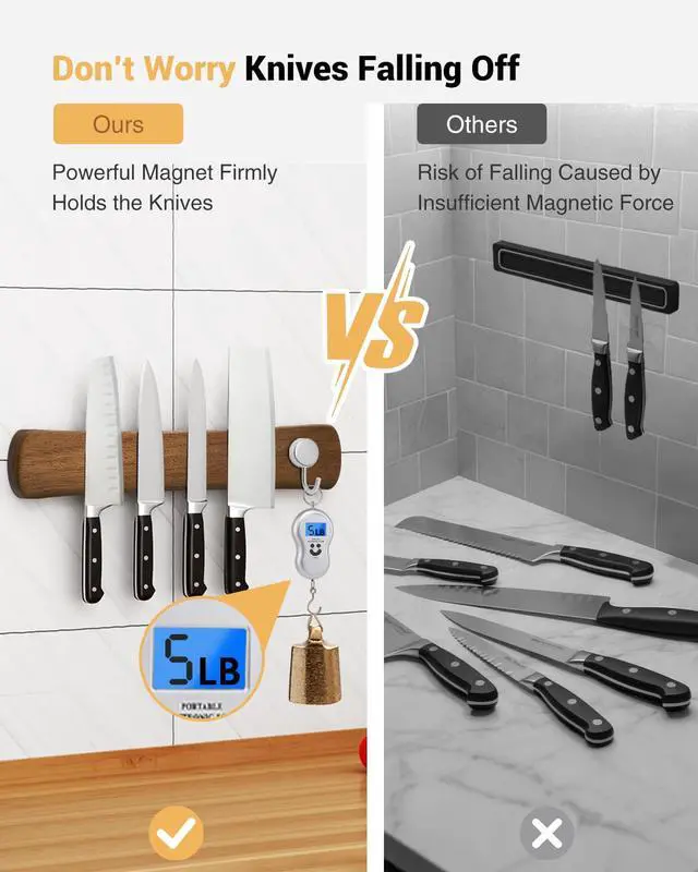Alt view image 4 of 7 - Swaitee Magnetic Knife Holder for Wall, 24 Inch Large Acacia Wood Magnetic Knife Strip, Kitchen Storage Organizer, Fridge Side Mount, Housewarming Gifts for New Home
