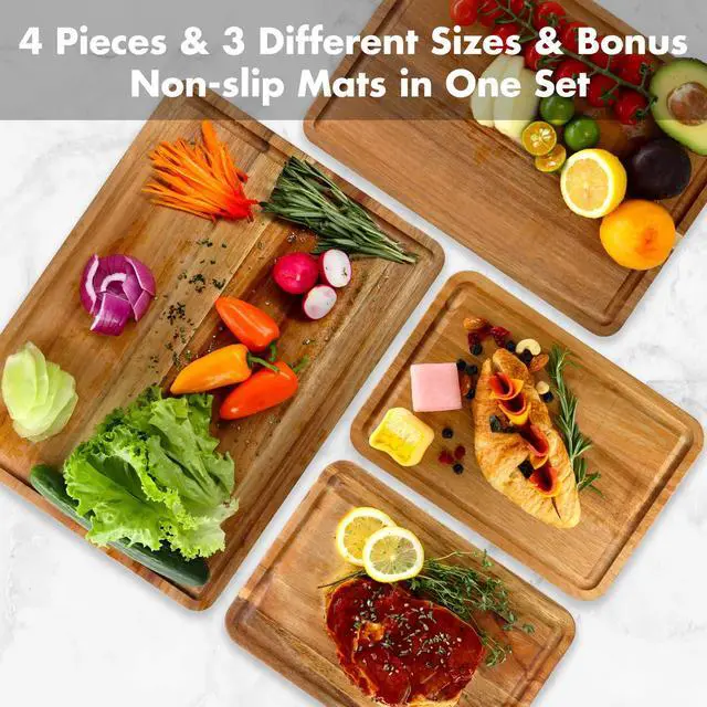Alt view image 2 of 7 - AZRHOM Large Wood Cutting Boards Set of 4 for Kitchen Cheese Charcuterie Board (Gift Box Included) Acacia Butcher Block with Non-slip Mats, Juice Groove and Handles (16x12, 14x10, double 11x8 inch)-4