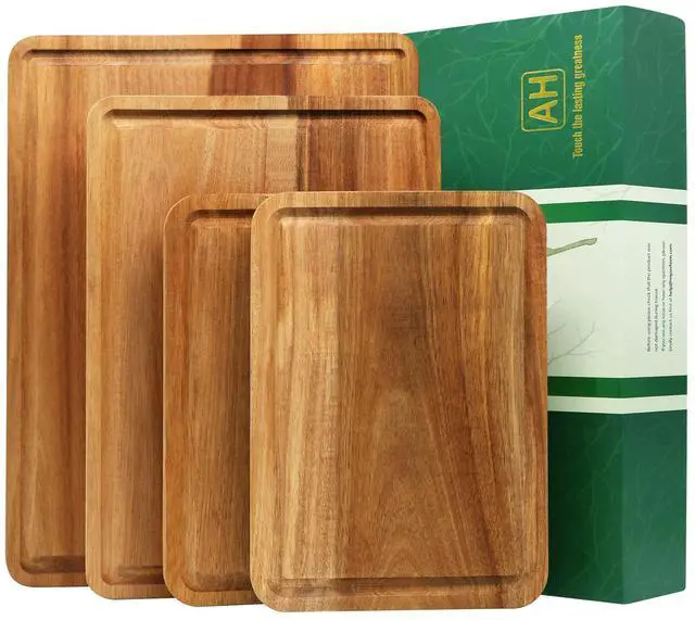 Main image of AZRHOM Large Wood Cutting Boards Set of 4 for Kitchen Cheese Charcuterie Board (Gift Box Included) Acacia Butcher Block with Non-slip Mats, Juice Groove and Handles (16x12, 14x10, double 11x8 inch)-4